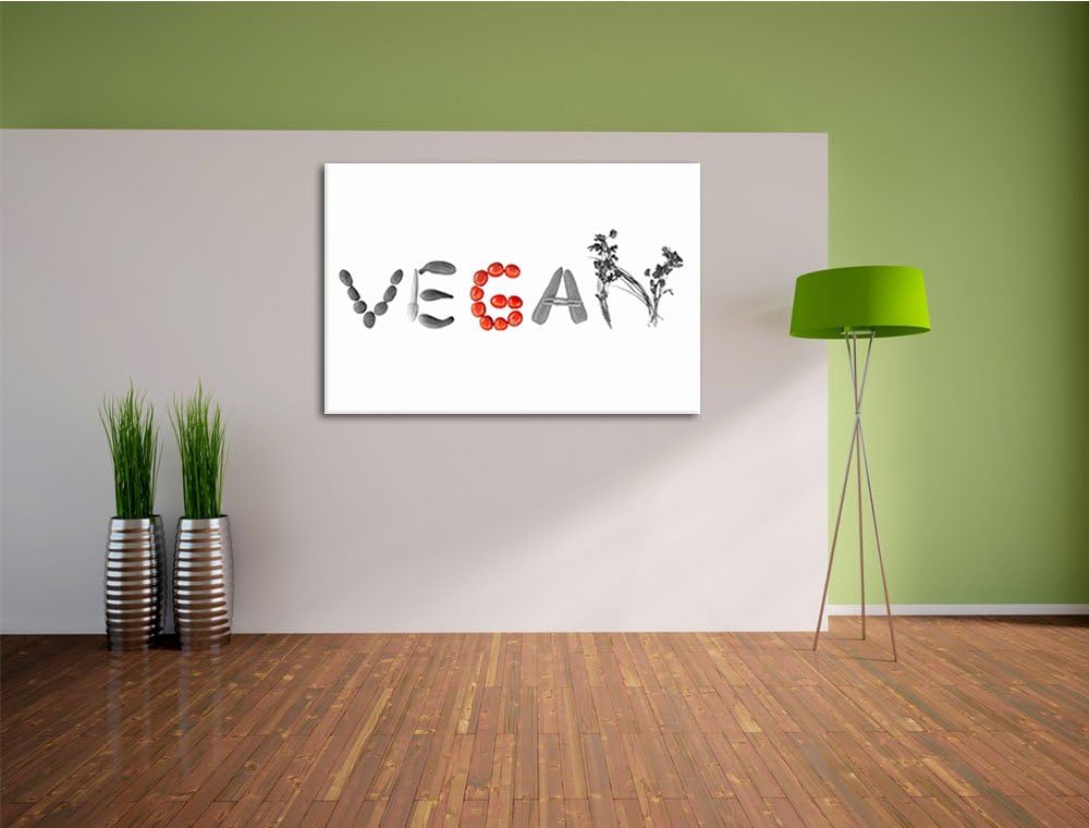 Schriftzug Vegan Gemüse schwarz/weiss Format: 100x70 cm auf Leinwand, XXL riesige Bilder fertig gera