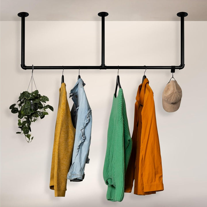 Kleiderstange Industrial Schwarz für Decke Deckenmontage Breite 120 cm x Höhe 30 cm Garderobe Flur D