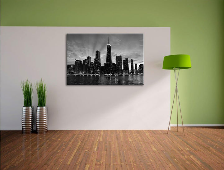 Pixxprint Chicago-Wolkenkratzer-Silhouette / 100x70cm Leinwandbild bespannt auf Holzrahmen/Wandbild