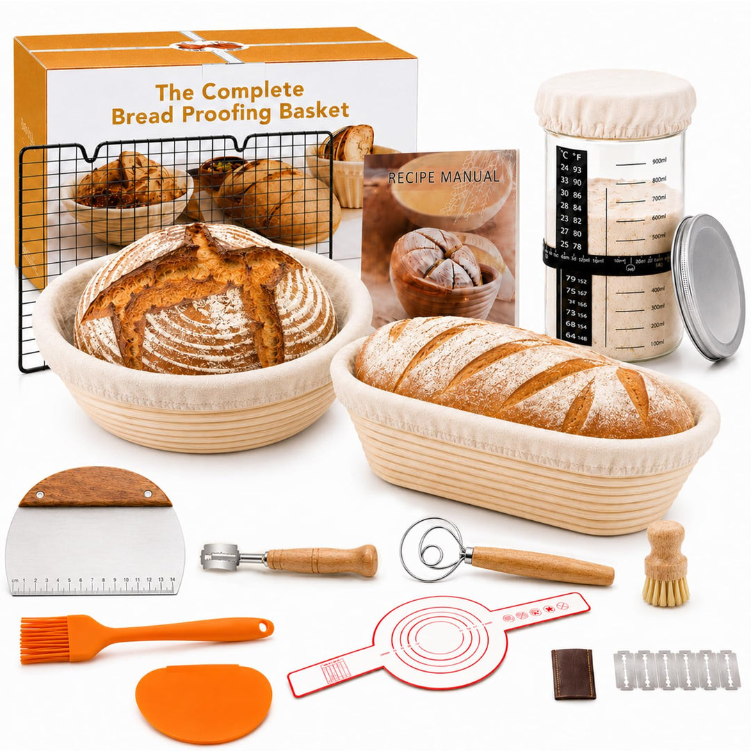 Sauerteig Starter Set mit Gärkörbchen, Komplettset Brot Backen Zubehör | 23 cm Rund &amp; 25 cm Oval Gär