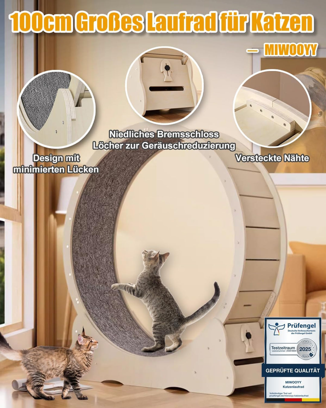 MIWOOYY Grosses Katzen-Laufrad 101,6 cm – natürliches Massivholz, Sicherheits-Laufband mit Schloss u