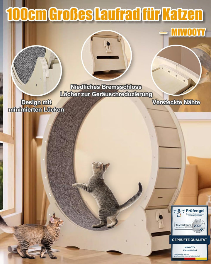 MIWOOYY Grosses Katzen-Laufrad 101,6 cm – natürliches Massivholz, Sicherheits-Laufband mit Schloss u