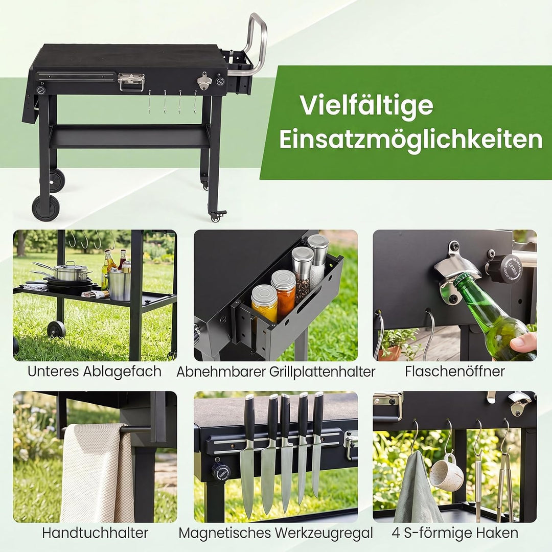 COSTWAY Grillwagen Outdoor, Grilltisch klappbar, Pizzatisch mit Seitentisch