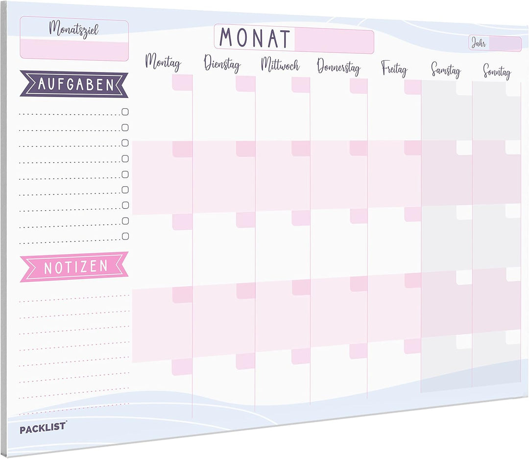 PACKLIST Wochenplaner + Monatsplaner Block A4 ohne Festes Datum. Terminplaner, Familienplaner mit Mo