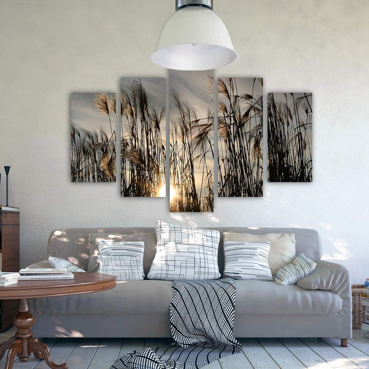 Feeby Bilder Natur 200x100 cm - Leinwandbild 5 Teilig XXL Kunstdruck Gras Sonne braun Leinwandbild X