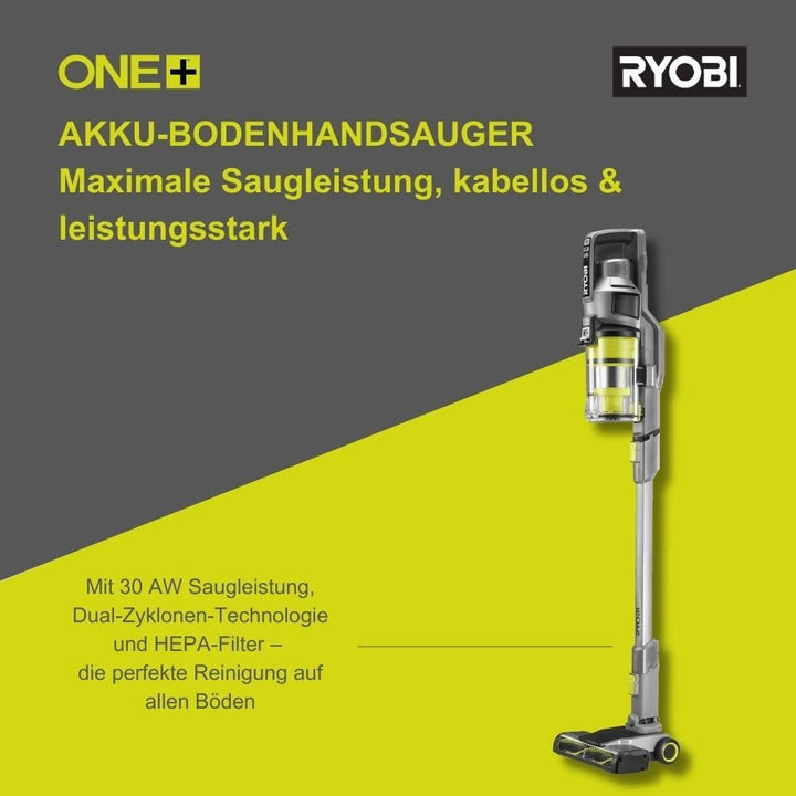 RYOBI 18 V ONE+ Akku-Staubsauger RSVS18-1C20G, 30 AW Saugleistung, Dual-Zyklonen, HEPA-Filter, inkl.