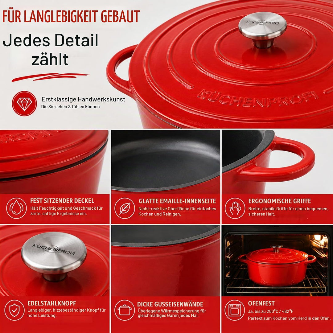 Küchenprofi Gusseisen Bräter mit Deckel, rot/innen schwarz, 35 cm, Schmortopf, Auflaufform, Dutch Ov