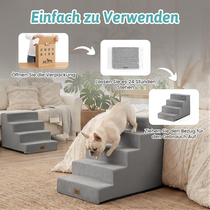 COZY KISS Hundetreppe für Kleine Hunde, 4Stufen Breiter Haustiertreppe für Bett Couch Auto, 45cm Hoc