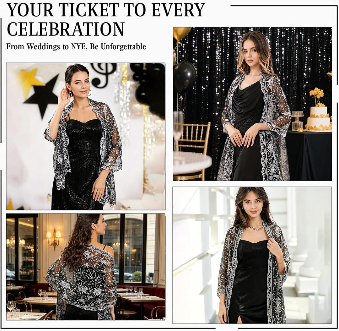 Cape Stola Damen mit Sternen und Mond Festlicher Umhang Bolero für Abendkleider, Hochzeiten,Weihnach