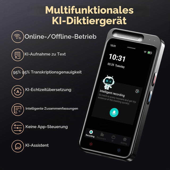 Digitales Diktiergerät Aufnahmegerät mit KI Schreibfunktion und Zusammenfassen,Übersetzung Online Of
