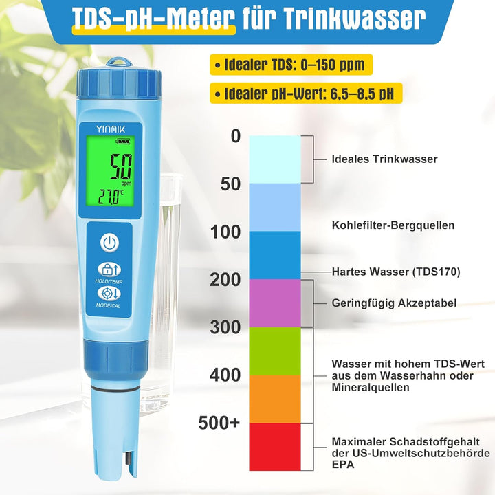 pH Messgerät Wasser, pH EC Messgerät Grow, TDS-Tester für Trinkwasser, YINMIK pH EC Messgerät für Hy
