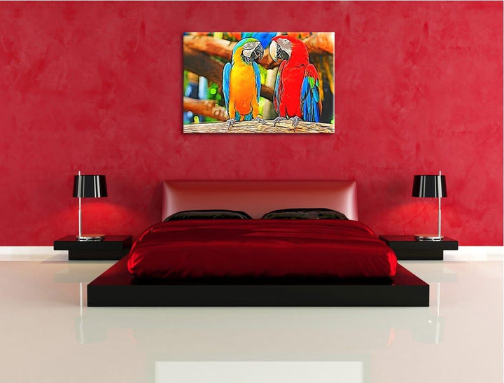Verliebtes Papageienpärchen, Bild auf Leinwand, XXL riesige Bilder fertig gerahmt mit Keilrahmen, Ku