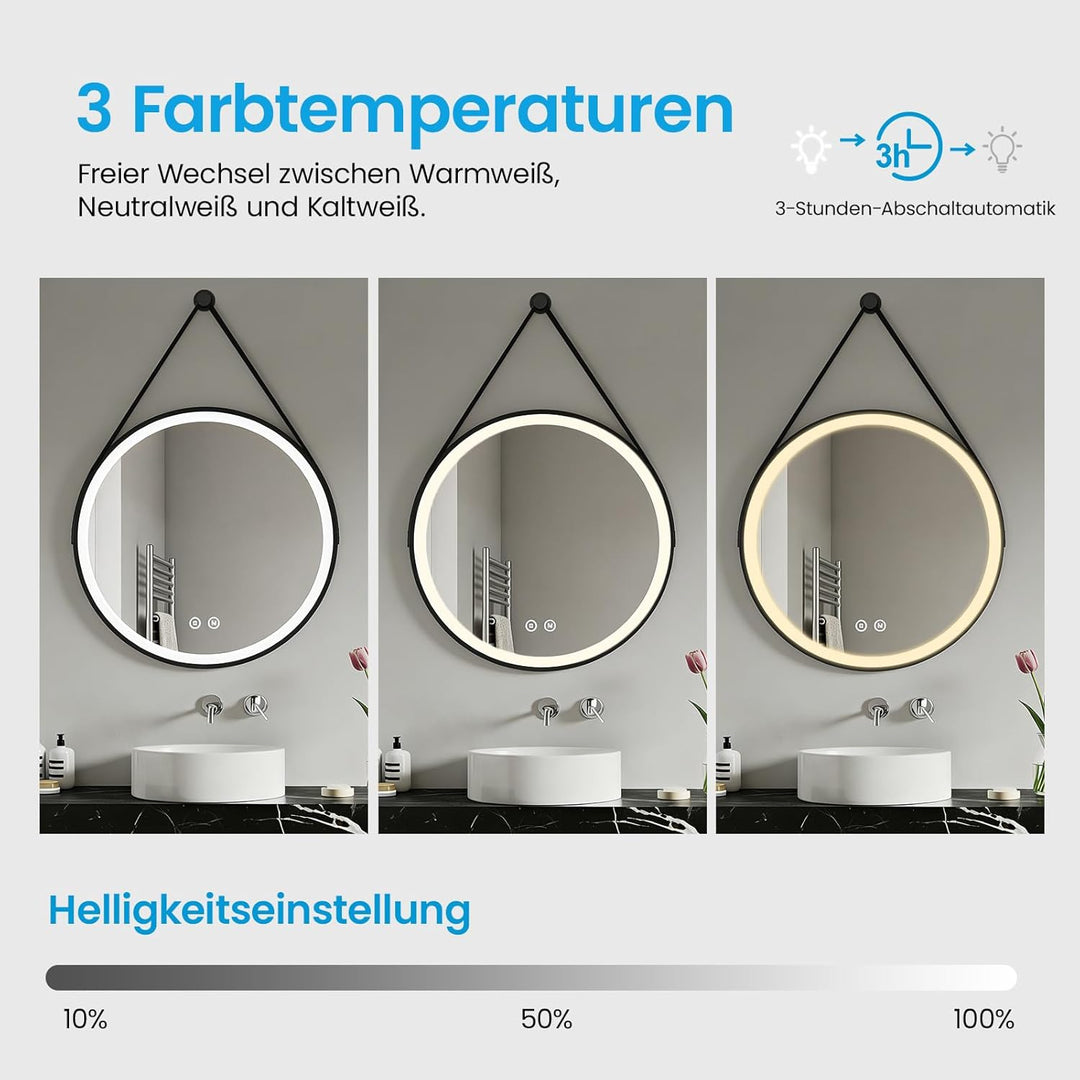 Heilmetz LED Badspiegel Rund 60cm, Spiegel mit Beleuchtung, 3 Lichtfarbe, Dimmbar, Touch-Schalter, B