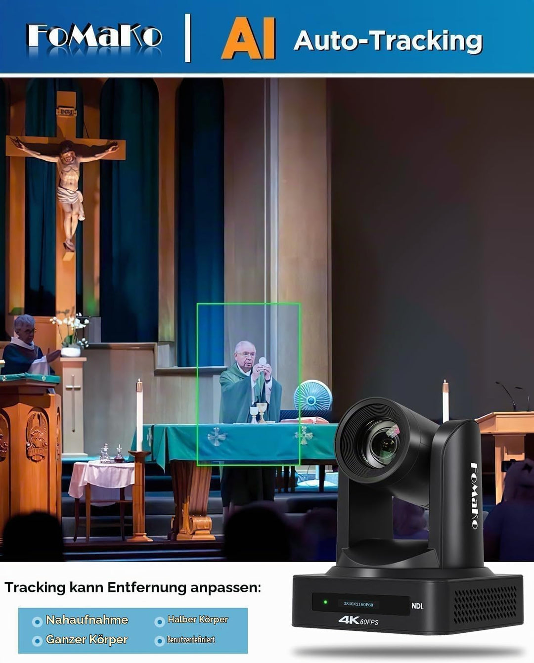 FoMaKo 4K 60FPS NDI HX3 PTZ Kamera, KI-Auto-Tracking, 20x Optischer Zoom NDI-Ausgang 4K@60, mit HDMI