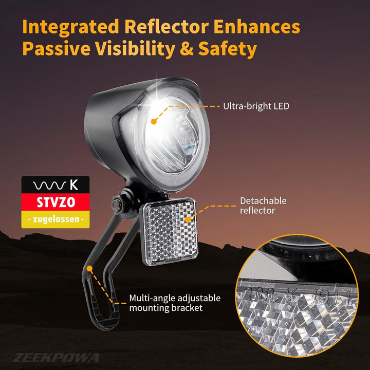 E-Bike Dynamo LED Fahrradlicht 30-100 LUX mit StVZO Zulassung - Fahrradlampe Frontlicht &amp; Scheinwerf