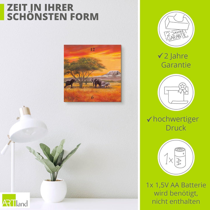 ARTLAND Wanduhr ohne Tickgeräusche Leinwand Quarzuhr 30x30 cm Quadratisch Lautlos Afrika Safari Tier