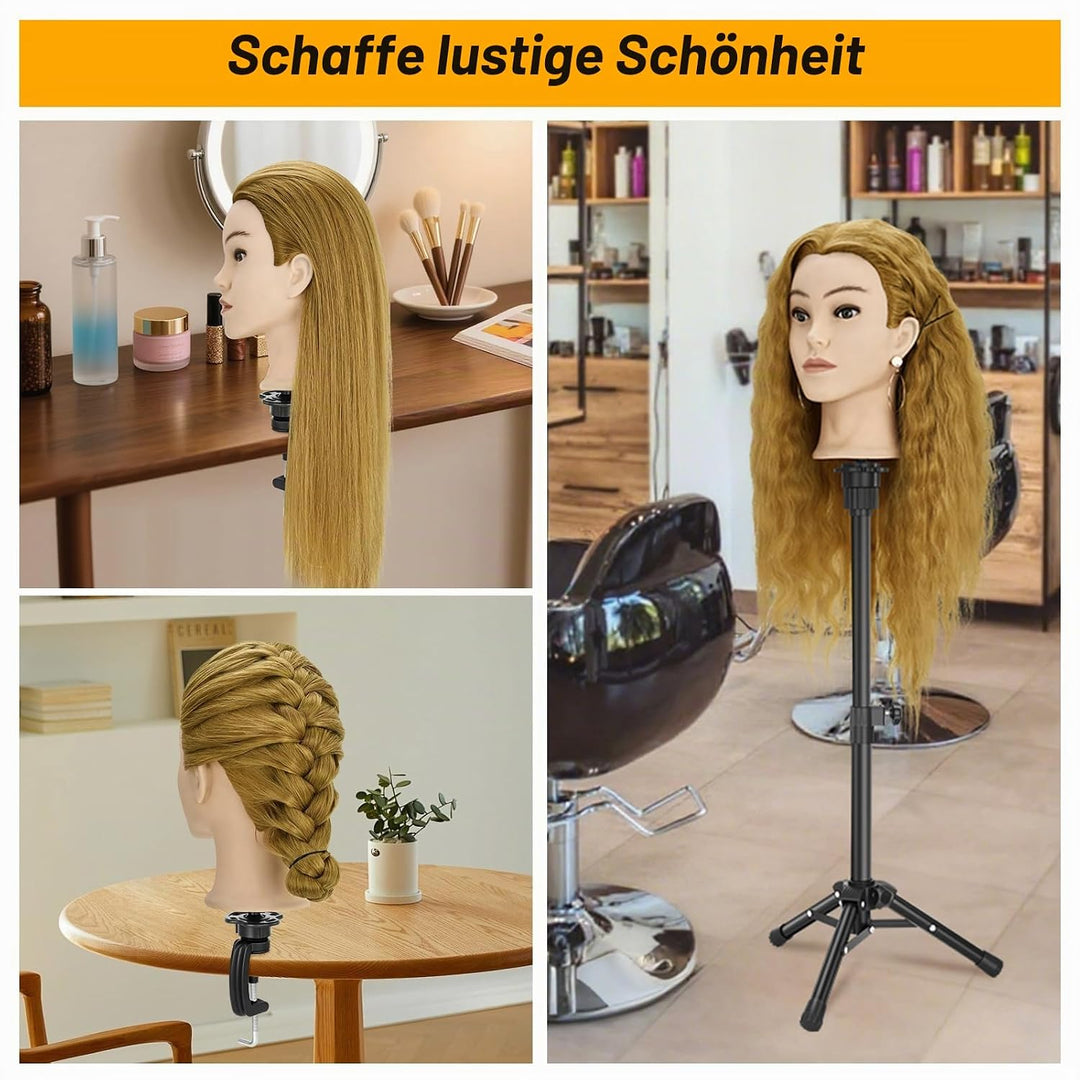 Frisierkopf Echthaar mit Stativ, Trainingskopf mit 90% Echthaar 61cm/24inch, Schaufensterpuppe Kopf