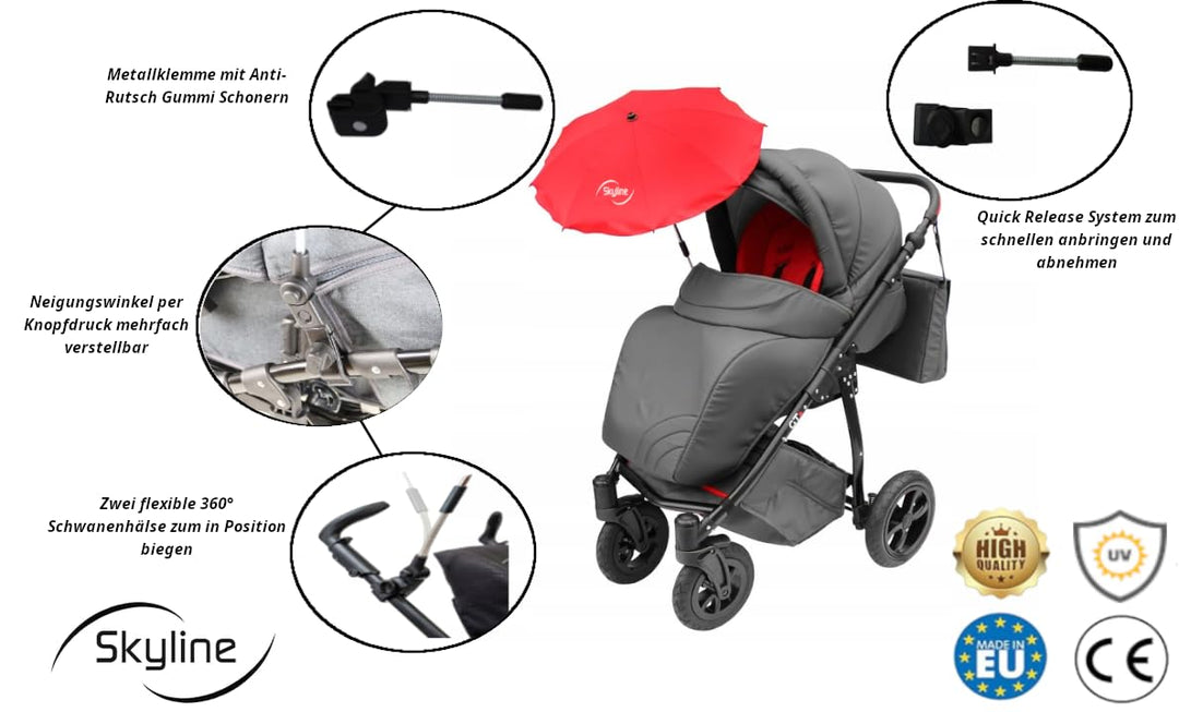Skyline Universal Sonnenschirm Regenschirm für Kinderwagen und Sport Buggy, Babywagen Schirm mit Uni