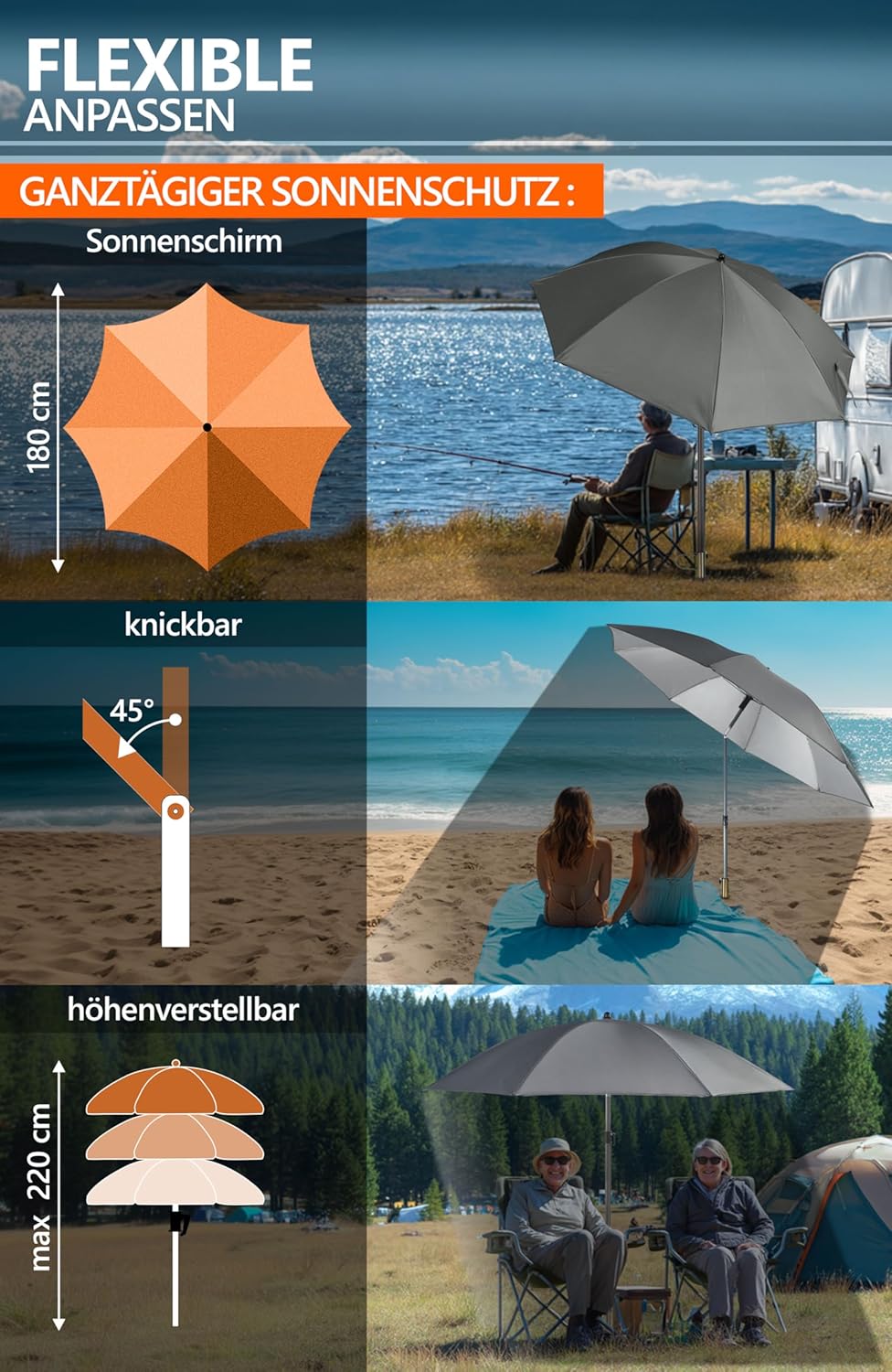 4smile Sonnenschirm Strand SunnyJoy in Anthrazit, 3er Set - Strandschirm windfest stabil + Rasendorn