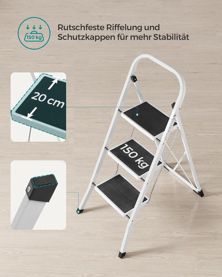 SONGMICS Trittleiter, Leiter mit 3 Stufen, Klapptritt, Klappsicherung, einfach zu verstauen, bis 150