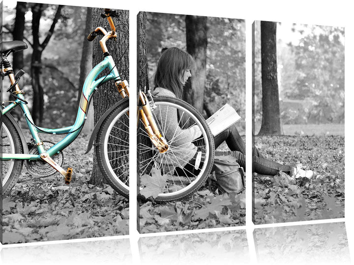 Pixxprint Junges Mädchen mit Fahrrad als Leinwandbild | Grösse: 3 Teilig (120x80) | Wandbild| Kunstd