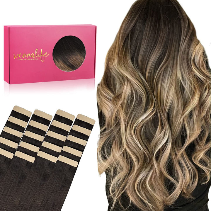 WENNALIFE Tape Extensions Echthaar, 20pcs 40g 30cm 12 Zoll Dunkel Braun bis Chestnut Braun und Dirty