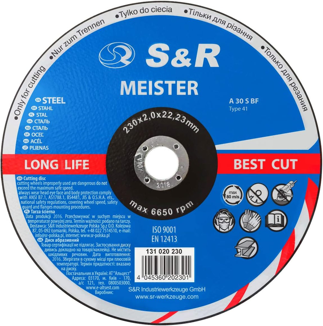 S&R Trennscheibe für Metall, Stahl 230 x 2,0 x 22,23 mm A30 S-BF, Set 1 Stück, Hochleistungs-Elektro
