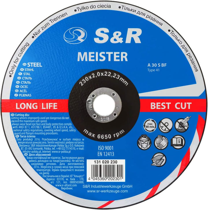 S&R Trennscheibe für Metall, Stahl 230 x 2,0 x 22,23 mm A30 S-BF, Set 1 Stück, Hochleistungs-Elektro