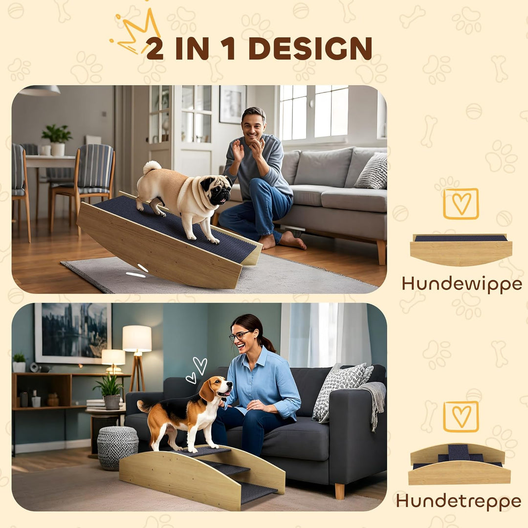 PawHut 2-in-1 Hundewippe, Hunde Agility Wippe aus Holz, Hunde Agilitäts Rampe für kleine, mittelgros