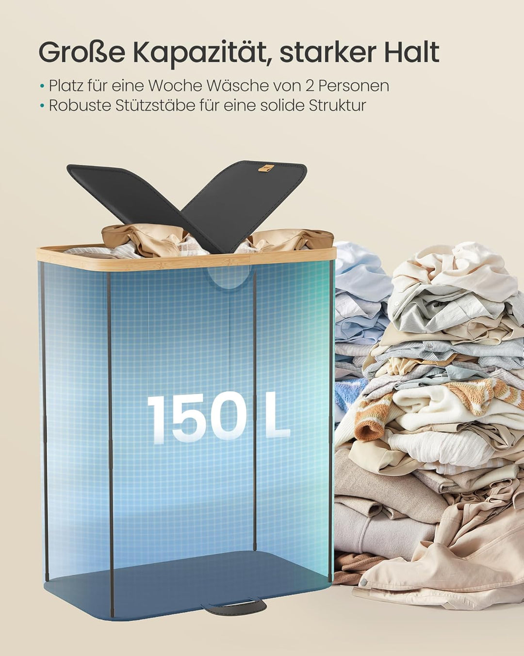 SONGMICS Wäschekorb 2 Fächer, Wäschesammler, 150 Liter, Wäschesortierer mit Deckel, Wäschetonne, Wäs