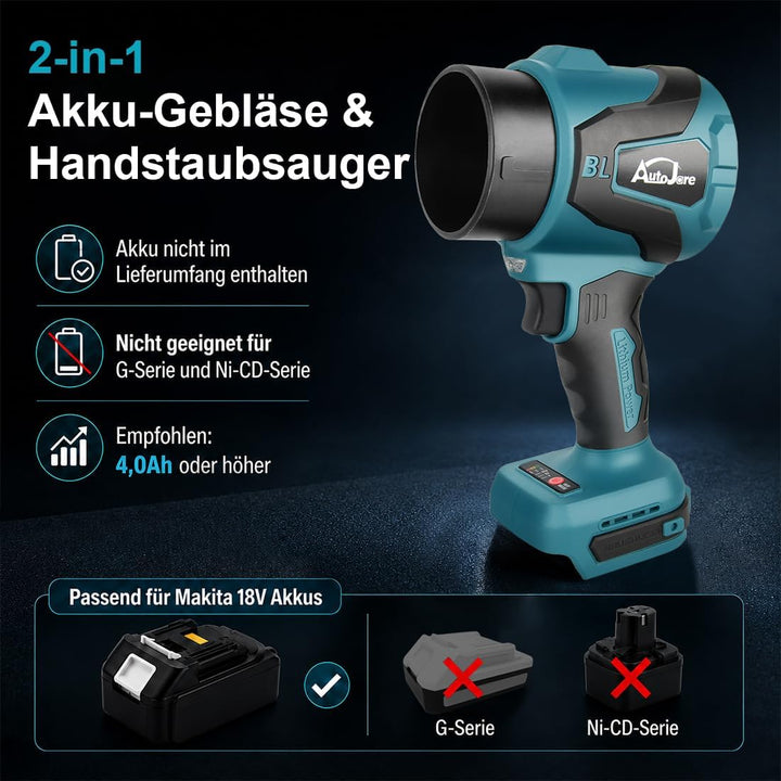 2-in-1 Akku Gebläse und Sauger kompatibel Makita 18V, ohne Akku | Bürstenloser Motor, 50.000 U/min,