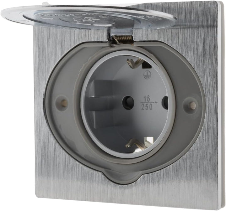 Schuko Bodensteckdose 16 A, gebürstetes Aluminium-Finish, IP44 mit Installationsbox