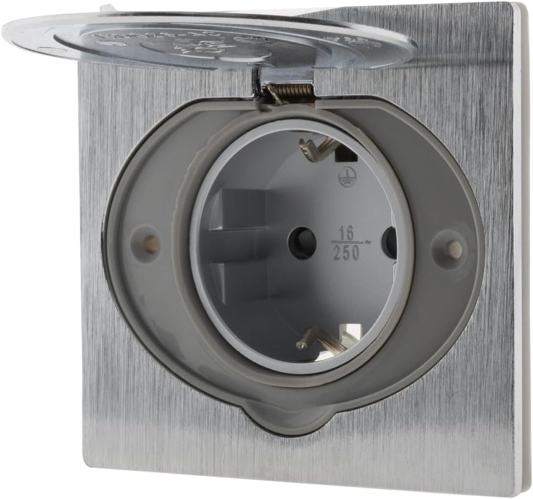 Schuko Bodensteckdose 16 A, gebürstetes Aluminium-Finish, IP44 mit Installationsbox
