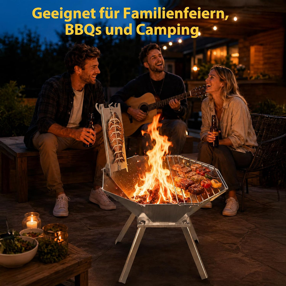 Camping Feuerschale Edelstahl, Klappbare Feuerstelle mit Ascheauffangschale, Tragbare Feuerstelle fü
