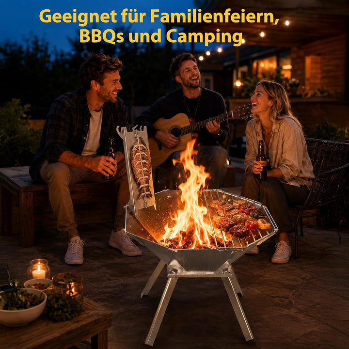 Camping Feuerschale Edelstahl, Klappbare Feuerstelle mit Ascheauffangschale, Tragbare Feuerstelle fü