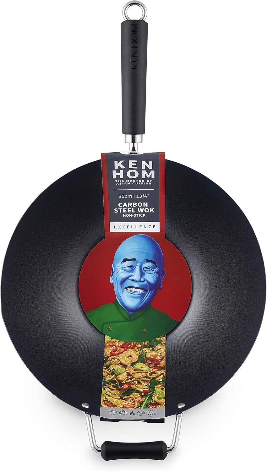 Ken Hom KH435001 Carbonstahl Wokfanne, 35cm, Excellence, Wok Induktion, Phenolischer Griff, Spülmasc