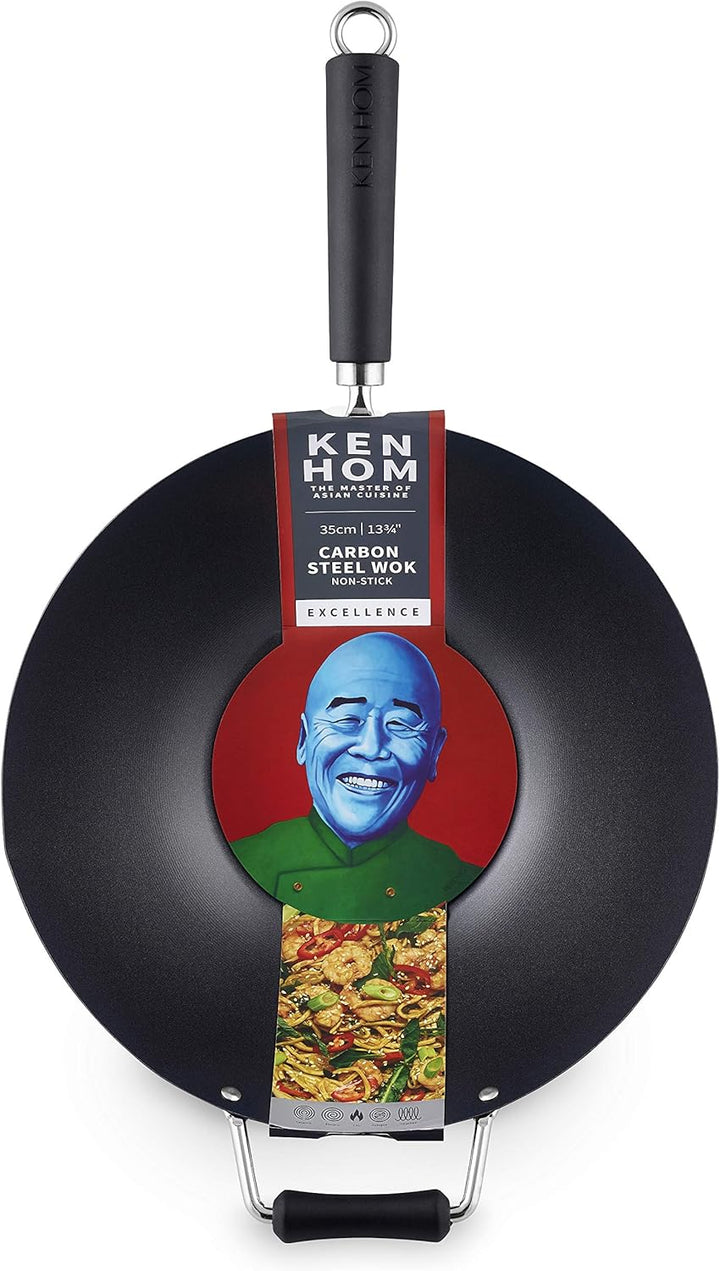 Ken Hom KH435001 Carbonstahl Wokfanne, 35cm, Excellence, Wok Induktion, Phenolischer Griff, Spülmasc