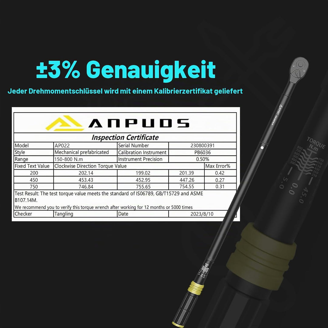 Drehmomentschlüssel 3/4 Zoll, 150-800 Nm Drehmomentschlüssel, ±3% Fehlergenauigkeit mit 48 Zähne Rat
