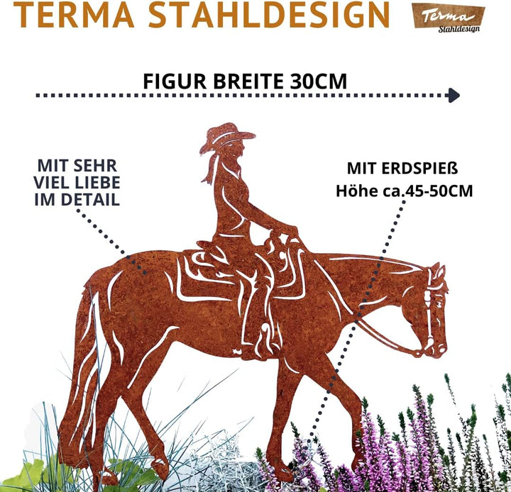 Terma Westernreiter Gartenstecker aus Metall – Rostfigur Pferd mit Reiter 45 cm hoch – Wetterfeste G