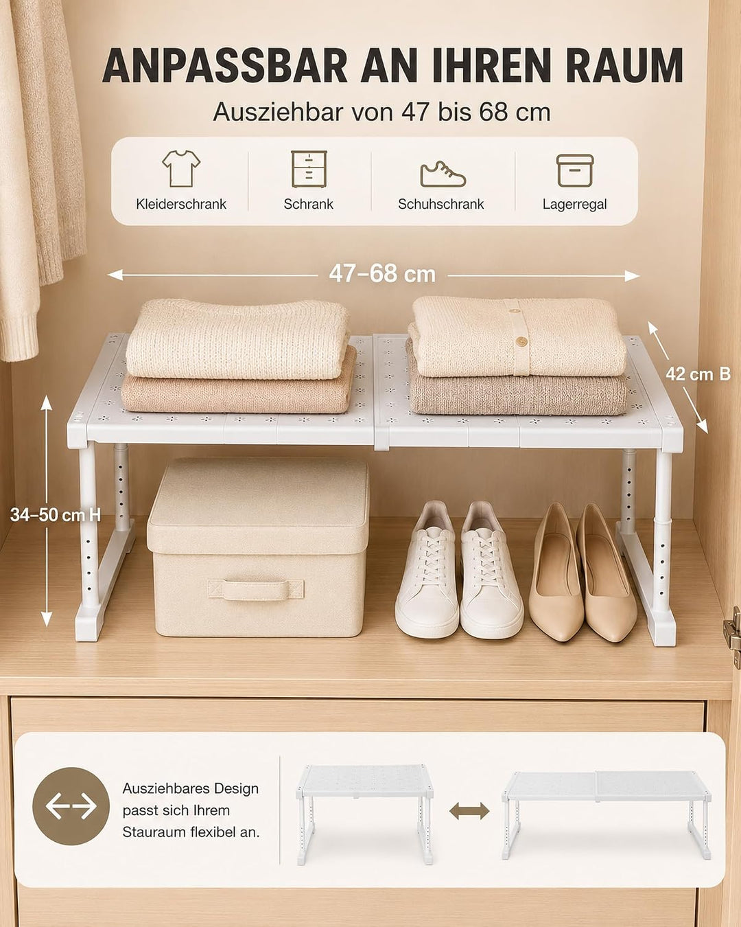 Erweiterbares Schrankregal, Stapelbar Schrank Aufbewahrungsregal, Höhenverstellbar Küchenthekenregal