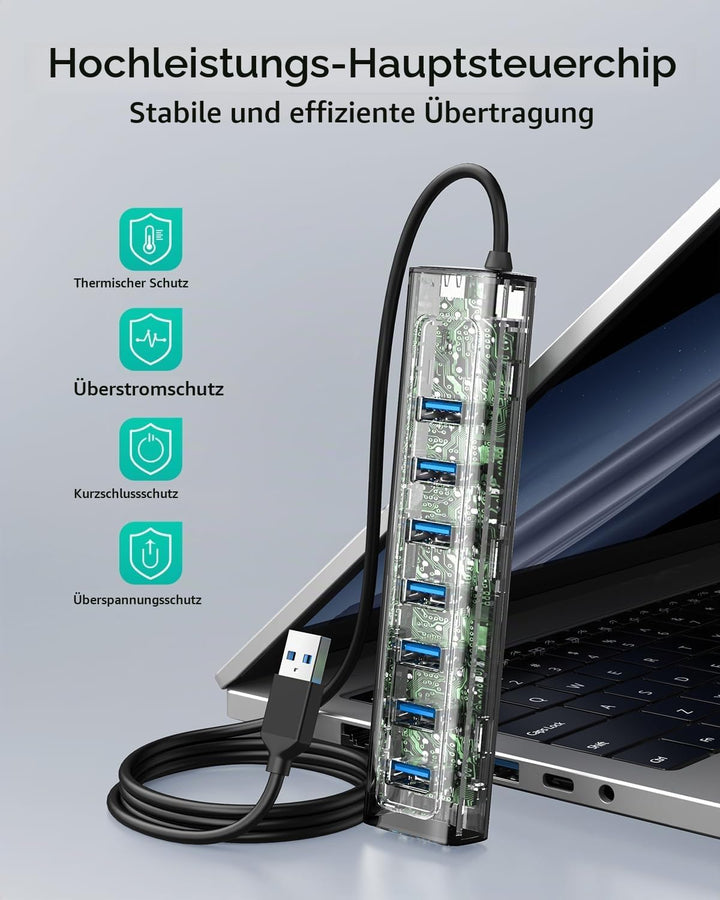 GiGimundo GM7U 7 Port USB HUB 3.0 Aluminium, 1.8M Lang Kabel mit 5V/3A Type-C Stromeingangsanschluss