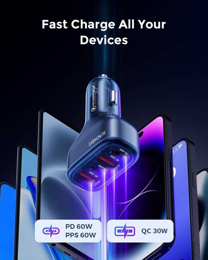 SUNDAREE Zigarettenanzünder USB C,120W 4 Port 12V 24V Kfz Handy Auto Ladegeräte Type C PD QC 4fach S