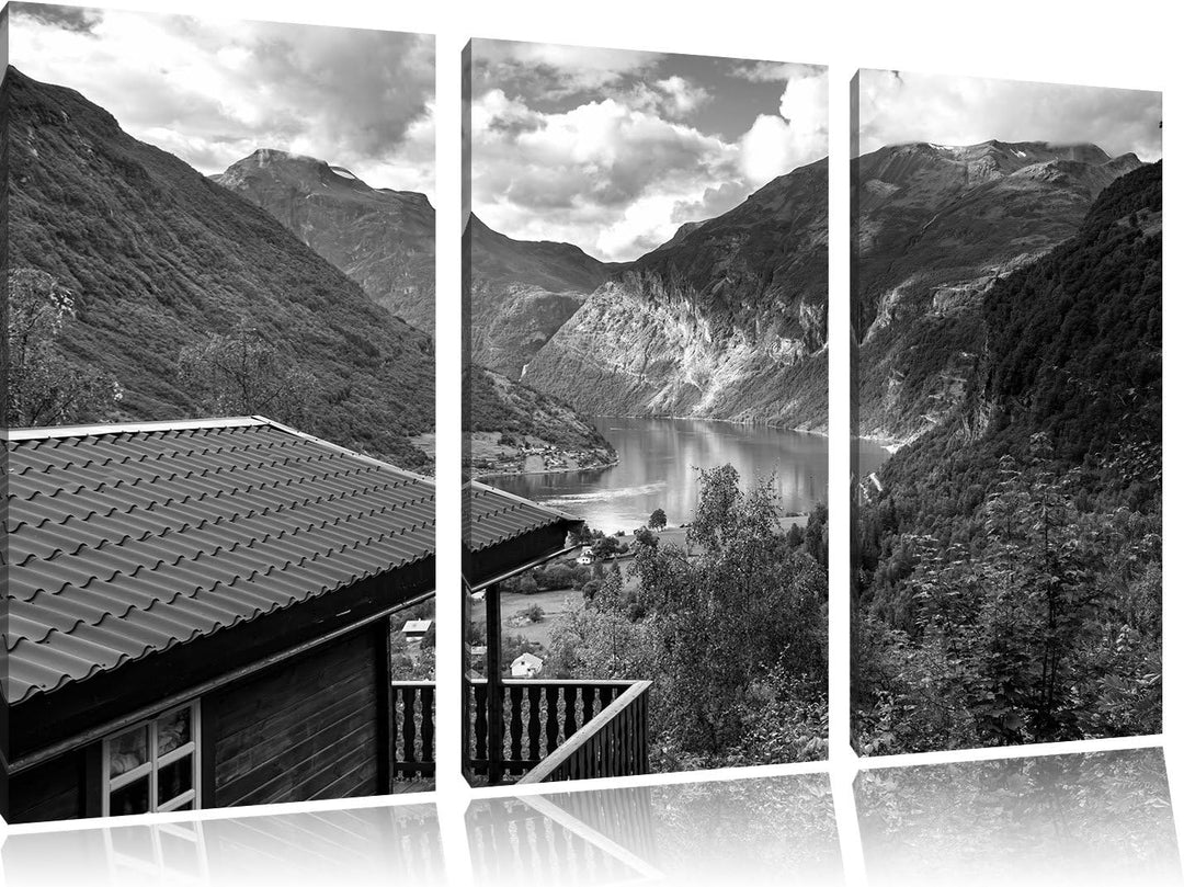 Pixxprint Hütte in Umgebung als Leinwandbild | Grösse: 3 Teilig (120x80) | Wandbild| Kunstdruck | fe