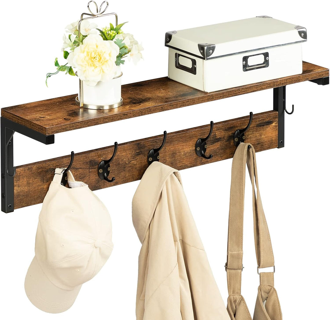 HOOBRO Wandgarderobe, Wandregal mit 7 Haken und Ablage, Hängeregal mit Garderobenleisten, Wandmontag