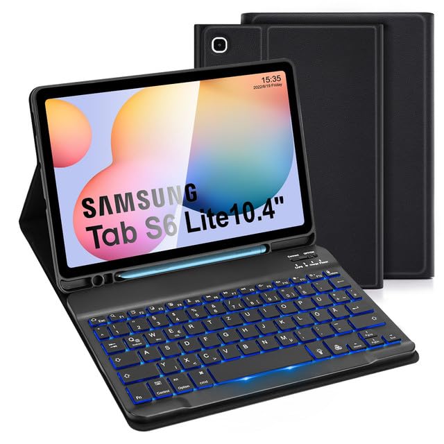 SOPPY Samsung Galaxy Tab S6 Lite Hülle mit Tastatur, Kabellose 7-Farbige Beleuchtung Tastatur Hülle