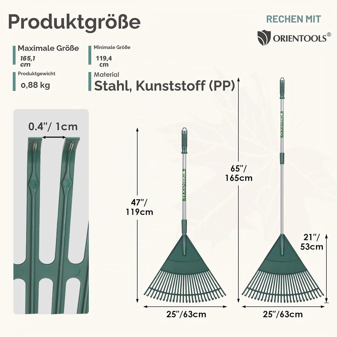ORIENTOOLS Garten Laubrechen, Garten Rechen für Rasen Laub mit verstellbarem Griff 120 bis 165 cm Re