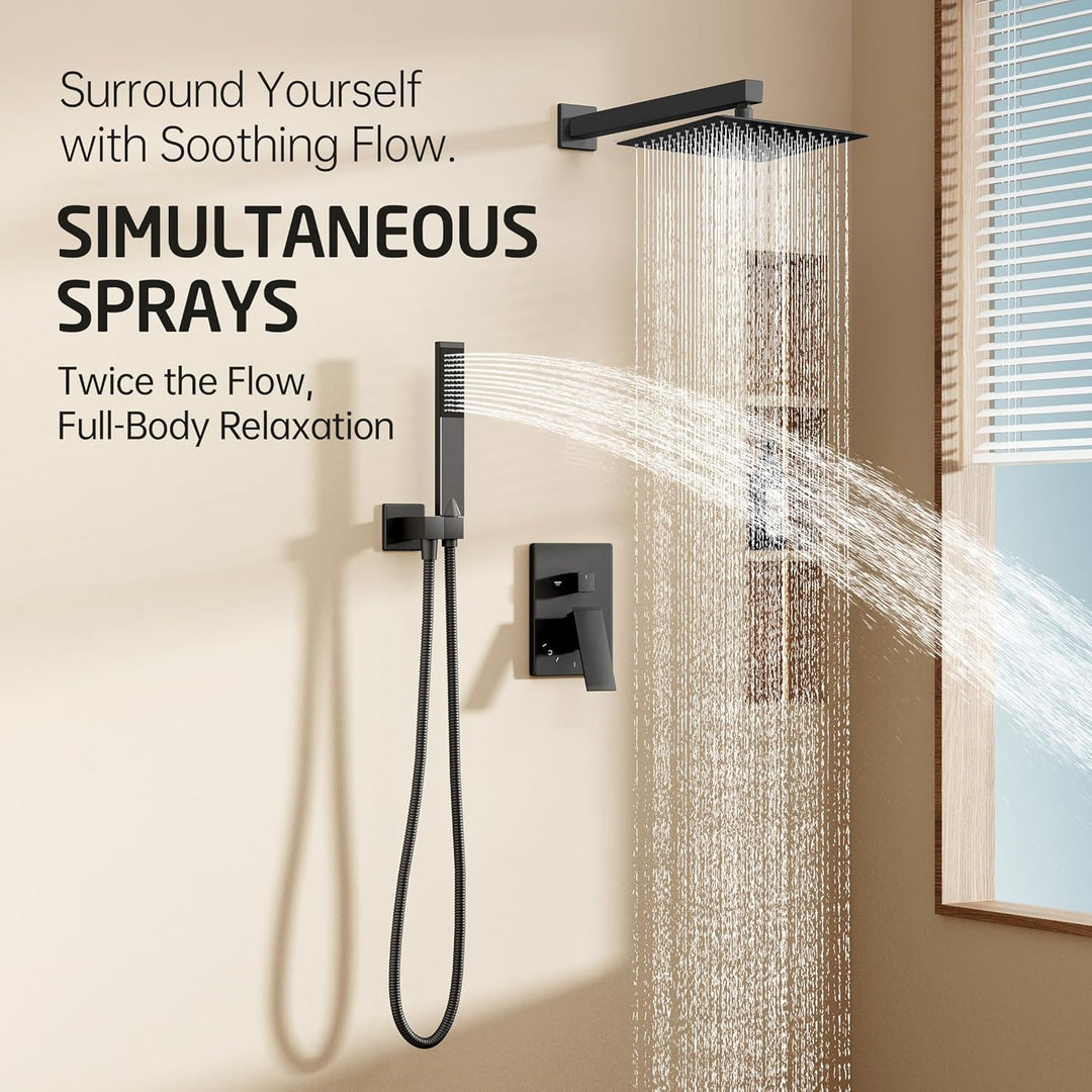 KES Unterputz Duscharmatur Set Duschkopf Regendusche Schwarz 3 Funktionen mit Handbrause Duschschlau