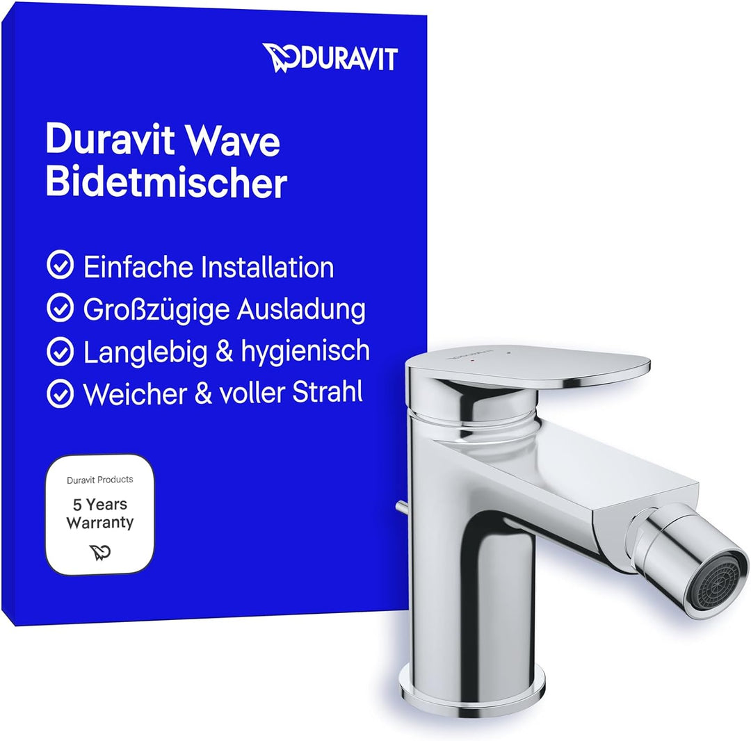 Duravit Wave Einhebel-Bidetarmatur (Auslauf Höhe 85 mm), Bidetmischer mit Zugstangen-Ablaufgarnitur,