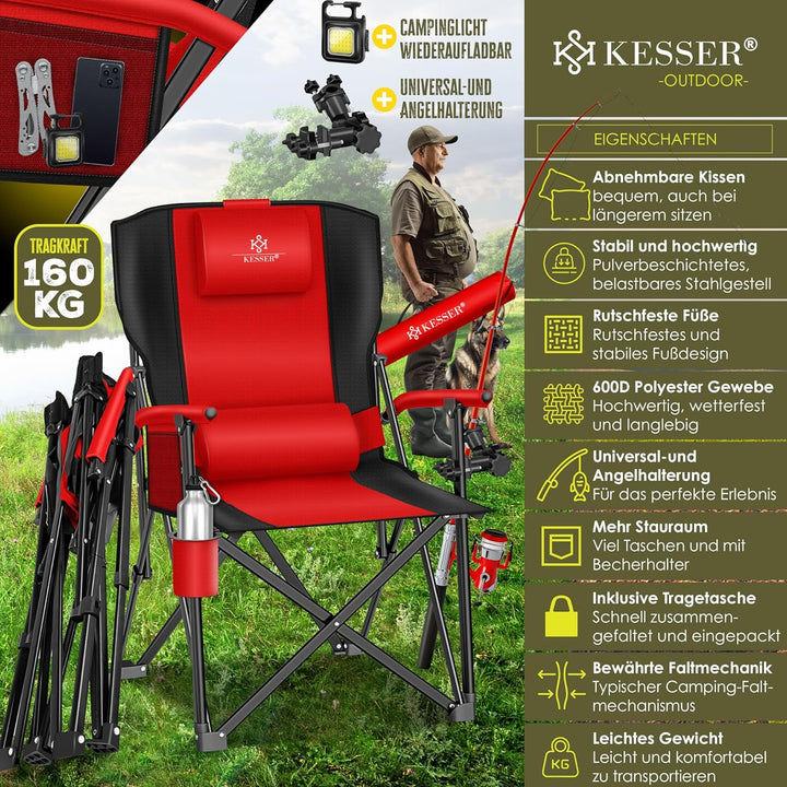 KESSER® Campingstuhl faltbar bis 160 kg | Angelstuhl Faltstuhl Klappstuhl Gepolstert mit Armlehnen |