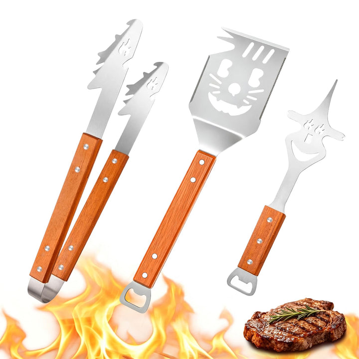 Yoassi BBQ Grillbesteck Set 3-teilig Edelstahl, Grillzubehör mit Grillzange, Grillwender, Fleischgab